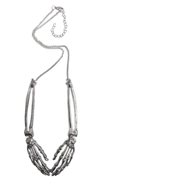 Halloween Bone Necklace Skeleton Hand Silver Metal 17" Chain Costume Accessory - Picture 1 of 5